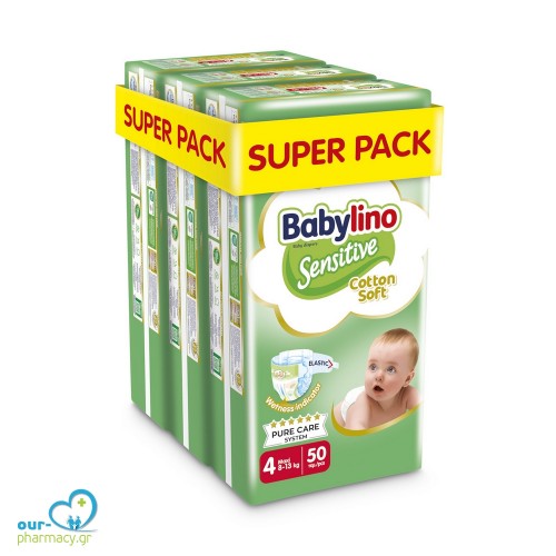 Βρεφική πάνα Babylino Sensitive Cotton Soft No4 8-13 Kg SUPER PACK 150 τμχ (3X50)