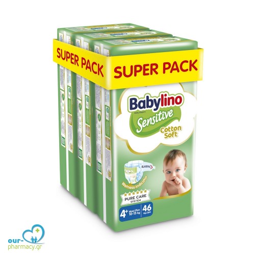 Βρεφική πάνα Babylino Sensitive Cotton Soft No4+ 10-15 Kg SUPER PACK 138 τμχ (3X46)