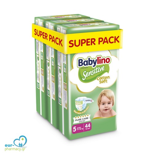 Βρεφική πάνα Babylino Sensitive Cotton Soft No5 11-16 Kg SUPER PACK 132 τμχ (3X44)