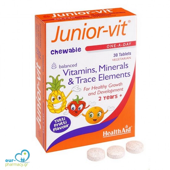Health Aid Junior-Vit Vitamins & Minerals, Mασώμενες Tαμπλέτες για την Ανάπτυξη των Παιδιών, 30tabs -  5019781000739 - Παιδικά
