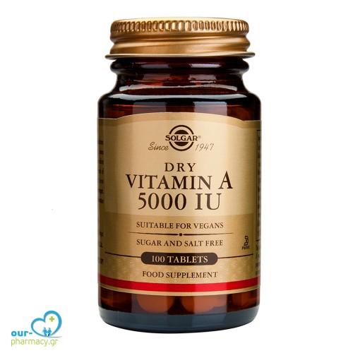 Solgar Vitamin A Dry 5000IU (1502 μg) Συμπλήρωμα Διατροφής Βιταμίνη Α για Διαταραχές & Ενδυνάμωση της Όρασης - Ιδανική για Δερματικές Παθήσεις, 100tabs