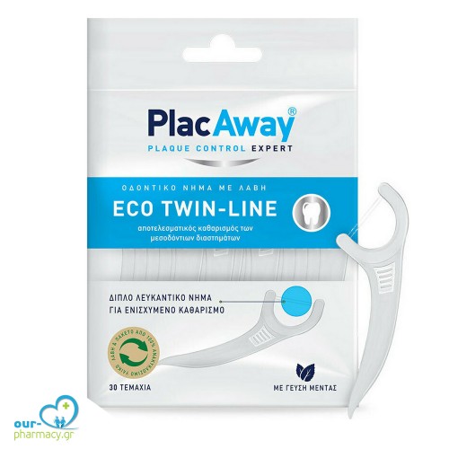 Plac Away Eco Twin-Line Διπλό Λευκαντικό Οδοντικό Νήμα με Λαβή, 30τεμ