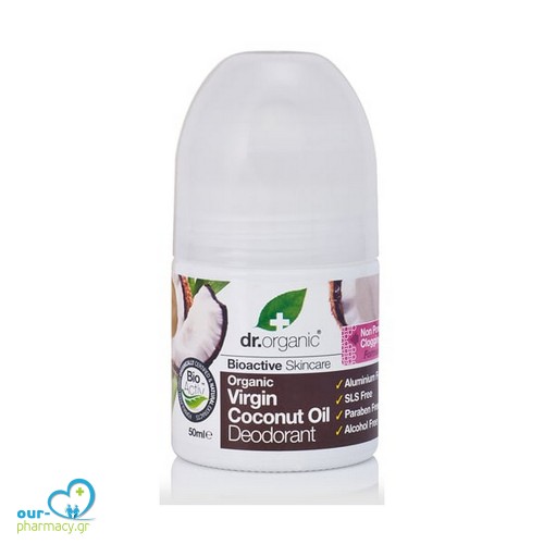 Dr.Organic Organic Deodorant Virgin Coconut Oil Roll-On Αποσμητικό σε Μορφή Roll-On με Βιολογικό Έλαιο Καρύδας, 50ml
