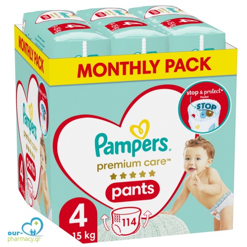 Pampers Premium Care PANTS No.4 Μηνιαία Συσκευασία (9-15kg) Βρεφικές πάνες-ΒΡΑΚΑΚΙ, 114 τμχ
