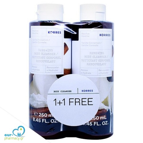 Korres 1+1 Δώρο Πακέτο Προσφοράς Renewing Body Cleanser Vanilla Cinnamon Αφρόλουτρο Gel Βανίλια Κανέλα, 2x250ml